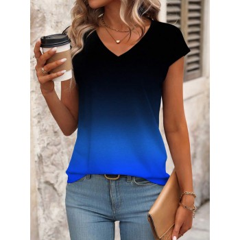 Women s Gradient V Neck Short Sleeve Casual T Shirt Summer