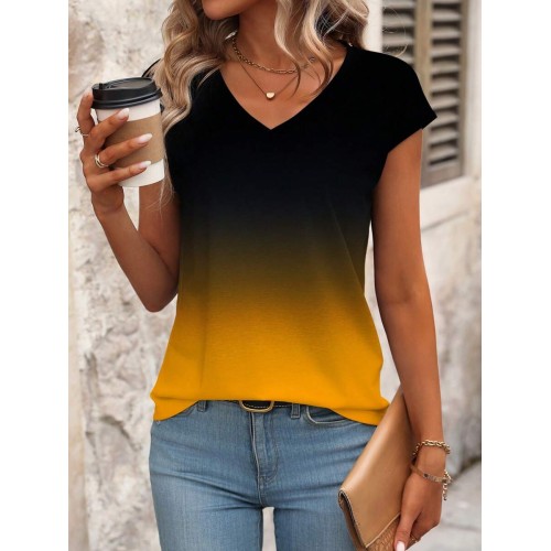 Women s Summer Ombre V Neck Short Sleeve Casual T Shirt