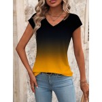 Women s Summer Ombre V Neck Short Sleeve Casual T Shirt