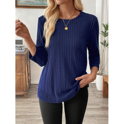 Women Casual Solid Color Ribbed Long Sleeve T Shirt Spring Autumn