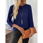 Women Casual Solid Color Ribbed Long Sleeve T Shirt Spring Autumn