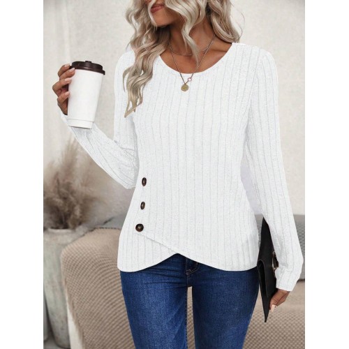 Women s Asymmetric Hem Slit Ribbed Long Sleeve T Shirt