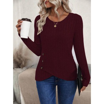 Ladies Round Neck Asymmetric Hem Long Sleeve T Shirt