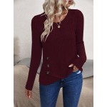 Ladies Round Neck Asymmetric Hem Long Sleeve T Shirt