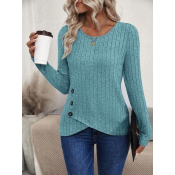 Women s Solid Color Round Neck Long Sleeve Ribbed Asymmetric Hem Casual T Shirt Spring Summer