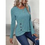 Women s Solid Color Round Neck Long Sleeve Ribbed Asymmetric Hem Casual T Shirt Spring Summer