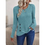 Women s Solid Color Round Neck Long Sleeve Ribbed Asymmetric Hem Casual T Shirt Spring Summer