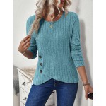 Women s Solid Color Round Neck Long Sleeve Ribbed Asymmetric Hem Casual T Shirt Spring Summer