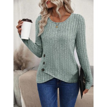 Women s Solid Color Minimalist Casual Crew Neck Long Sleeve Button T Shirt