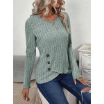 Women s Solid Color Minimalist Casual Crew Neck Long Sleeve Button T Shirt