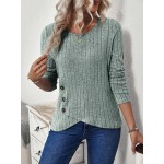 Women s Solid Color Minimalist Casual Crew Neck Long Sleeve Button T Shirt